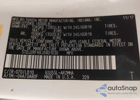 2018 Toyota Highlander Xle z USA, uszkodzony, nr VIN 5TDJZRFHXJS801030